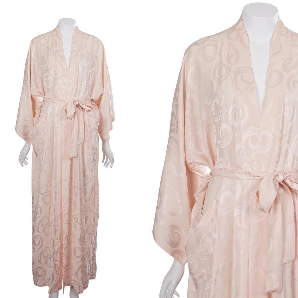 Vintage Women's Long Robe L Pink Silk Jacquard Pockets Belted Kimono Style